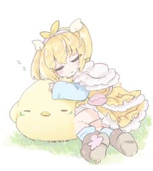 1girl animal baby_animal bag bird blonde_hair blue_sleeves blue_socks boots brown_boots chick child closed_eyes cococco_alma dress emil_chronicle_online hair_ornament hairband highres holding holding_animal meadow shoulder_bag sleeping socks two_side_up yellow_dress yusa_yuyu
