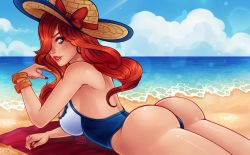 1girl alternate_costume artist_name ass bare_shoulders beach blue_one-piece_swimsuit blush bow bracelet breasts cloud hair_over_one_eye hat hat_bow highres horizon jewelry large_breasts league_of_legends long_hair looking_at_viewer lying miss_fortune_(league_of_legends) nail_polish ocean on_stomach one-piece_swimsuit outdoors poposhirat red_bow red_lips shiny_skin sun_hat swimsuit teeth water white_one-piece_swimsuit