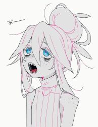 1girl aoi_(0ud0ntabetabe) bad_id bad_twitter_id bags_under_eyes blue_eyes colored_eyelashes deux_murasame freckles gundam gundam_gquuuuuux hair_bun highres messy_hair open_mouth pale_skin ribbed_shirt sharp_teeth shirt shoulder_freckles simple_background single_hair_bun sleeveless sleeveless_turtleneck solo teeth turtleneck upper_body white_background white_hair