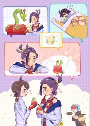 Rule 34 | 1boy, 2girls, absurdres, applin, blush, buttons, closed mouth, eevee backpack, egg, flower symbol, furret, gen 2 pokemon, gen 4 pokemon, gen 8 pokemon, gloves, highres, holding, holding egg, hydrapple, jacket, juliana (pokemon), kieran (pokemon), looking down, multiple girls, multiple views, nai gai hongcha, nintendo, off shoulder, partially fingerless gloves, penny (pokemon), pokemon, pokemon (creature), pokemon egg, pokemon sv, red gloves, red shirt, rotom, rotom phone, shirt, sleeping, sleeveless, sleeveless shirt, smile, tank top, zzz