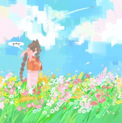 aerith_gainsborough aircraft airship braid braided_ponytail breasts brown_hair cloud cloudy_sky cropped_jacket dress english_text field final_fantasy final_fantasy_vii final_fantasy_vii_rebirth final_fantasy_vii_remake flower flower_field hair_ribbon highres highwind jacket jaysoysaucee long_dress long_hair medium_breasts nature outdoors parted_bangs pink_dress pink_flower pink_ribbon red_jacket ribbon sidelocks single_braid sky speech_bubble upper_body white_flower yellow_flower