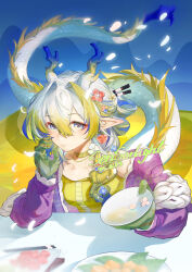 Rule 34 | 1girl, absurdres, arknights, artist name, blonde hair, blue eyes, blue hair, chinese commentary, choker, chopsticks, closed mouth, collarbone, colored extremities, commentary request, cup, dated, dragon girl, dragon horns, dragon tail, drink, flower, hair between eyes, hair flower, hair intakes, hair ornament, highres, holding, horns, light smile, long hair, long sleeves, multicolored hair, official alternate costume, pointy ears, sakazuki, sensorlight (qingkongyezi327), shu (arknights), shu (spring feast) (arknights), signature, solo, tail, upper body, watermark, white hair, yellow choker