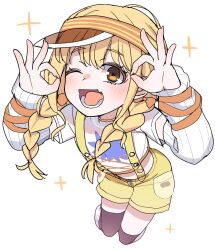 1girl akitokage arm_ribbon arm_warmers arms_up bead_necklace beads black_thighhighs blonde_hair braid cargo_shorts close-up commentary criss-cross_straps cropped_shirt double_ok_sign fang french_braided_twintails from_above fujita_kotone gakuen_idolmaster highres idolmaster jewelry jumping light_blush long_hair looking_at_viewer low_twin_braids lower_teeth_only midriff_peek necklace ok_sign one_eye_closed open_mouth orange_ribbon orange_visor print_shirt ribbed_leg_warmers ribbon ribbon_earrings shadow shirt short_sleeves shorts simple_background skin_fang smile solo sparkle suspender_shorts suspenders teeth thighhighs thighs twin_braids visor_cap wavy_sidelocks white_arm_warmers white_background white_shirt yellow_big_bang!_(idolmaster) yellow_eyes yellow_shorts