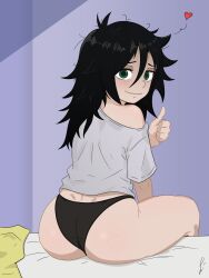 Rule 34 | 1girl, absurdres, ahoge, ass, bags under eyes, bite mark, bite mark on ass, black hair, black panties, clenched hand, collarbone, dimples of venus, female focus, flat chest, from behind, green eyes, hair between eyes, hand up, heart, highres, indoors, isashamoko, kuroki tomoko, long hair, looking at viewer, looking back, messy hair, neck, nervous, no bra, no pants, off-shoulder shirt, off shoulder, panties, shirt, short sleeves, sidelocks, sitting, spoken heart, swept bangs, t-shirt, thighs, thumbs up, turning head, underwear, unworn clothes, watashi ga motenai no wa dou kangaetemo omaera ga warui!, wavy mouth, wedgie