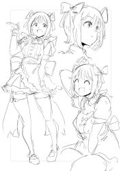 Rule 34 | 1girl, :d, amami haruka, apron, blush, bow, cleavage cutout, clothing cutout, dress, frills, full body, hair bow, idolmaster, idolmaster (classic), kakuanko, looking at viewer, monochrome, multiple views, open mouth, sketch, smile, standing, thighhighs, two side up, virtual youtuber