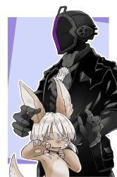 &gt;_&lt; 1boy 1other ascot black_gloves black_jacket black_pants bondrewd closed_eyes furry gloves grey_ascot helmet jacket long_sleeves made_in_abyss nanachi_(made_in_abyss) pants pouch purple_background standing topless usuki_(usukine1go) whiskers whistle