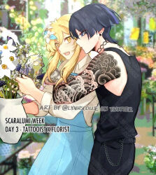 1boy 1girl alternate_costume alternate_universe apron arm_tattoo bare_shoulders birthmark black_hair black_pants black_shirt black_tank_top blonde_hair blouse blue_apron blue_flower chain clenched_hand collared_shirt constellation_tattoo contemporary couple earrings eyelashes eyeliner eyeshadow flower from_side genshin_impact hair_flower hair_ornament hetero holding_vase hug hug_from_behind jewelry long_sleeves looking_at_another lumine_(genshin_impact) makeup meilynn-hayakan mitsudomoe_(shape) multicolored_flower neck_tattoo open_mouth pants plant potted_plant purple_eyes red_eyeliner red_eyeshadow scaramouche_(genshin_impact) shirt short_hair short_hair_with_long_locks sidelocks sleeveless sleeveless_shirt tank_top tattoo teeth tomoe_(symbol) tongue twitter_username upper_teeth_only watermark white_flower white_shirt white_sleeves yellow_eyes