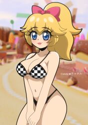 Rule 34 | 1girl, absurdres, artist name, bikini, black bikini, blonde hair, blue eyes, bow, breasts, candy channeru, cleavage, hair ribbon, hands on own legs, hands on own thighs, highres, large breasts, long hair, looking at viewer, mario (series), mario kart, navel, nintendo, pink bow, pink lips, princess, princess peach, ribbon, shoes, sideboob, smile, solo, swimsuit, thong bikini