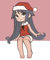 Rule 34 | bare legs, barefoot, black hair, character request, closed mouth, dress, feet, fur-trimmed dress, fur trim, hat, highres, invisible chair, long hair, looking at viewer, original, qtkat, red dress, red headwear, santa costume, santa dress, santa hat, saya (saya no uta), saya no uta, sidelocks, simple background, sitting, smile, toes, very long hair
