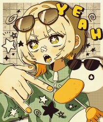 1girl animal bird blonde_hair blush border colored_inner_hair duck eyelashes eyewear_on_head fang fingernails green_jacket hair_intakes highres jacket long_sleeves looking_up mayoi_zzz medium_hair multicolored_hair nail_polish open_mouth orange_nails original outside_border screentones short_eyebrows solo star_(symbol) star_in_eye sunglasses symbol_in_eye teeth tongue upper_body white_border yellow_eyes zipper zipper_pull_tab
