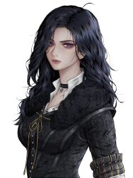 1girl absurdres artelsia black_choker black_hair black_jacket breasts choker highres jacket looking_at_viewer mole mole_under_mouth purple_eyes shirt simple_background small_breasts solo the_witcher_(series) the_witcher_3 upper_body white_background white_shirt yennefer_of_vengerberg