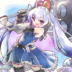 1girl :3 :d ahoge arm_up assault_lily bare_shoulders belt belt_buckle black_belt black_thighhighs blue_background border bow buckle commentary_request cowboy_shot detached_sleeves digamma dress frilled_dress frills gauntlets gradient_background grey_hair hair_bow hand_up highres holding holding_weapon huge_weapon light_particles long_hair miriam_hildegard_von_gropius neck_ribbon official_alternate_costume open_mouth outside_border outstretched_arm over_shoulder purple_background purple_bow purple_eyes purple_ribbon ribbon sleeve_bow sleeveless sleeveless_dress smile solo standing thighhighs twintails two-handed v-shaped_eyebrows vambraces very_long_hair weapon weapon_over_shoulder white_background white_border white_bow white_dress zettai_ryouiki