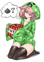 1girl :/ ? black_thighhighs breasts cleavage collarbone commentary creeparka creeper english_commentary examon_(sigemaultraexa) explosive green_eyes green_hoodie gunpowder hair_over_one_eye highres hood hood_up hoodie long_sleeves looking_at_viewer medium_hair minecraft personification pink_hair propellant seiza shiny_skin simple_background sitting sleeves_past_fingers sleeves_past_wrists solo speech_bubble thighhighs thought_bubble tnt tsurime white_background