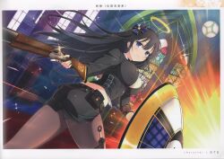 1girl absurdres belt black_hair blue_eyes breasts fingerless_gloves gloves gun halo highres indoors kunai large_breasts long_hair looking_at_viewer looking_back miniskirt official_art page_number pantyhose rifle ryouki_(senran_kagura) scan senran_kagura senran_kagura_new_link shield simple_background skirt solo weapon yaegashi_nan