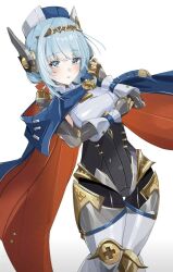 Rule 34 | 1girl, android, arm under breasts, blue cape, blue eyes, blue hair, blush, cape, cowboy shot, gaohuang43450, genshin impact, hat, highres, ineffa (genshin impact), joints, looking at viewer, red cape, robot ears, robot joints, simple background, solo, thigh gap, two-sided cape, two-sided fabric, white background