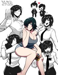 1girl absurdres aneurysm_ax beer_can beer_mug black_hair black_jacket black_necktie black_pants blood blood_on_clothes blood_on_face breasts camisole can chainsaw_man cleavage collared_shirt cup drink_can english_text eyepatch formal_clothes grey_camisole hand_on_own_face hayakawa_aki highres himeno_(chainsaw_man) holding holding_can jacket large_breasts looking_at_viewer mug necktie no_arms nosebleed off_shoulder pants shirt shirt_partially_tucked_in shirt_tucked_in short_hair simple_background smile stretching suit suit_jacket thighs topknot white_background white_shirt