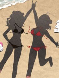 2girls ahoge barefoot beach bikini black_bikini blue_nails breasts commentary dressed_shadow_(meme) front-tie_bikini_top front-tie_top gakuen_idolmaster hair_bun halterneck hanami_saki hanami_ume hand_on_own_hip highres hoshinopurin idolmaster jacket kimi_to_semi_blue_(idolmaster) large_breasts leg_up medium_hair meme multiple_girls nail_polish nude official_alternate_costume out_of_frame outdoors red_bikini red_nails shadow siblings side-tie_bikini_bottom single_side_bun sisters standing standing_on_one_leg string_bikini swimsuit toenail_polish toenails two_side_up unworn_bikini_bottom unworn_bikini_top unworn_jacket white_jacket