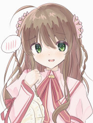 Rule 34 | 1girl, ahoge, blush, braid, brown hair, clenched hand, commentary request, crown, dress, eyes visible through hair, flower, frilled sleeves, frills, furrowed brow, green eyes, hair between eyes, hair flower, hair ornament, hand up, highres, kanbe kotori, kazamatsuri institute high school uniform, long hair, long sleeves, looking at viewer, mini crown, neck ribbon, open mouth, pink dress, pink flower, red ribbon, rewrite, ribbon, sakaniwa t, school uniform, shy, simple background, smile, solo, speech bubble, spoken blush, twin braids, upper body, very long hair, wavy hair, white background, wide sleeves