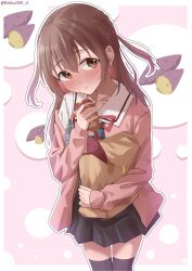 1girl :t absurdres bag black_skirt black_thighhighs blush border brown_hair cardigan closed_mouth collarbone commentary commission cowboy_shot eating food highres holding holding_food long_hair mado_no_mukougawa miniskirt neck_ribbon open_cardigan open_clothes orange_eyes outside_border paper_bag pink_background pink_cardigan pixiv_commission pleated_skirt red_ribbon ribbon rikka006 roasted_sweet_potato sailor_collar school_uniform serafuku shirt skirt solo sonofuji_kei standing sweet_potato thighhighs two_side_up white_border white_sailor_collar white_shirt zettai_ryouiki