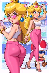 1girl absurdres ass bag bangle blonde_hair blue_eyes bracelet breasts cellphone choker crop_top crown earrings eyewear_on_head high_heels highres holding holding_phone jacket jewelry large_breasts legs lipstick long_hair makeup mario_(series) midriff navel nintendo open_clothes open_jacket pants phone pink_choker pink_pants princess_peach sarukaiwolf shoulder_bag smartphone smile sphere_earrings sunglasses tank_top tinted_eyewear toad_(mario) white_tank_top yoga_pants