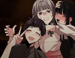 1boy 2girls black_dress black_hair black_ribbon blunt_bangs blush brown_eyes brown_hair clenched_teeth commentary dark_background dress ear_blush english_commentary facing_viewer fear_&amp;_hunger_(series) fear_&amp;_hunger_2:_termina frilled_shirt_collar frills green_jumpsuit hand_on_another&#039;s_head hand_up hidemaan2000 highres hug jumpsuit levi_(fear_&amp;_hunger) long_hair looking_at_viewer marina_(fear_&amp;_hunger) multiple_girls neck_ribbon open_mouth pinafore_dress pink_skirt pushing_away ribbon samarie_(fear_&amp;_hunger) shirt shirt_tucked_in short_hair short_sleeves skirt sleeveless sleeveless_dress smile sweat teeth upper_teeth_only v white_shirt yuri