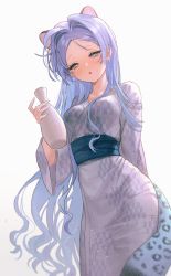 1girl animal_ears arm_behind_back blue_eyes blue_hair fymrie half-closed_eyes hand_up highres japanese_clothes kimono long_hair looking_at_viewer open_mouth original solo standing tail white_background yukata
