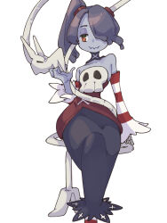 Rule 34 | 1girl, arms behind back, blue hair, blue skin, colored skin, detached collar, detached sleeves, dress, full body, hair over one eye, highres, leviathan (skullgirls), looking at another, ooiwa (irc14786149), red eyes, scratching chin, side ponytail, sitting, skullgirls, smile, socks, solo, squigly (skullgirls), stitched mouth, stitches, striped clothes, striped sleeves, striped socks, white background, wide hips, zombie