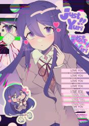Rule 34 | 1girl, blush, breasts, chibi, chromatic aberration, doki doki literature club, doki doki literature club school uniform, double-parted bangs, heart, highres, holding, holding knife, knife, long hair, long sleeves, looking at viewer, matching hair/eyes, medium breasts, open mouth, purple eyes, purple hair, school uniform, senn10000, sharp teeth, smile, solo, teeth, tongue, upper teeth only, yuri (doki doki literature club)