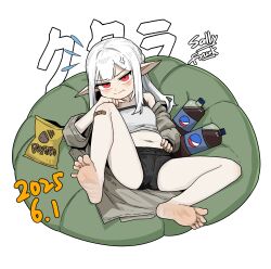 1girl anger_vein bandaid bandaid_on_knee bandaid_on_leg barefoot bean_bag_chair blush chips_(food) feet hand_on_own_hip highres long_hair looking_at_viewer micro_shorts pointy_ears potato_chips red_eyes sally_frank shorts soda_bottle soles toes white_hair