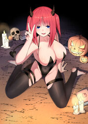 1girl alternate_breast_size alternate_costume alternate_hairstyle bare_shoulders barefoot black_dress black_horns black_nails black_tail black_thighhighs blue_eyes book breasts candle cleavage dark demon_girl demon_horns demon_tail dirt dress food fruit go-toubun_no_hanayome halloween halloween_costume hand_on_floor hand_on_ground highres horns huge_breasts jack-o&#039;-lantern kosmos_beta large_breasts looking_at_viewer nail_polish nakano_nino night night_sky non-web_source off-shoulder_dress off_shoulder orange_(fruit) pink_hair pumpkin seductive_smile short_hair short_twintails skull sky sleeveless sleeveless_dress smile tail thighhighs twintails victory_pose