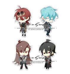 2boys 2girls absurdres ahoge belt black_boots black_coat black_hair black_jacket black_pants black_shirt black_shoes black_skirt black_vest blue_eyes blue_hair boots brown_coat brown_hair brown_scarf character_request chibi chibi_only chinese_commentary chuanhua closed_mouth coat collared_shirt commentary_request commission copyright_request eyewear_on_head fur-trimmed_coat fur_trim green_eyes grey_belt grey_pants grey_shirt grey_shoes hair_between_eyes hand_in_pocket highres jacket long_hair long_sleeves low_ponytail multicolored_hair multiple_boys multiple_girls no_mouth open_clothes open_coat open_mouth outline pants pleated_skirt ponytail red_eyes red_hair round_eyewear sample_watermark scarf shirt shoes short_hair skirt smile sunglasses two-tone_hair vest watermark white_background white_hair white_outline white_shirt