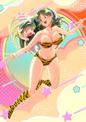 Rule 34 | 1boy, 1girl, animal print, bikini, boots, breasts, cleavage, collarbone, cone horns, full body, green hair, highres, horns, ibispaint (medium), knee boots, long hair, lum, open mouth, outstretched arms, pointy ears, print bikini, print boots, spread arms, star (symbol), swimsuit, ten (urusei yatsura), tiger print, urusei yatsura, yuzukawa ryo