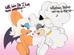 bat_girl bat_wings blue_eyes breasts breasts_squeezed_together eyelashes eyeshadow fangs gradient_background heart horns lanolin_the_sheep large_breasts long_ears makeup narrowed_eyes nude pink_background rouge_the_bat sega sheep_girl sheep_horns sheep_tail simple_background sonic_(series) sonic_the_hedgehog_(idw) tail text_focus topless_female twintails white_fur wings wool