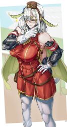 Rule 34 | 1girl, absurdres, armband, arthropod girl, black sclera, breasts, brown hat, buttons, chitin, colored sclera, cosplay, covered navel, double-breasted, dress, extra arms, fangs, gloves, gold ship (umamusume), gold ship (umamusume) (cosplay), grape (grape05843924), green eyes, hand on own chin, hand on own hip, hat, highres, impossible clothes, impossible dress, indie virtual youtuber, insect girl, insect wings, juniper actias, large breasts, long hair, looking at viewer, moth antennae, moth girl, moth wings, muscular, muscular female, o-ring, red dress, skin fangs, smirk, thick eyebrows, umamusume, virtual youtuber, white gloves, white hair, wings