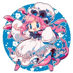 1girl :d black_capelet blue_background blue_bow blue_eyes blush_stickers bow capelet commentary_request dated_commentary diagonal-striped_bow dress floral_background flower_symbol full_body hands_up hat legs_apart limited_palette long_hair long_sleeves mob_cap open_mouth original outline outside_border outstretched_arm painttool_sai_(medium) petticoat pink_hair polka_dot polka_dot_bow rakuni round_image smile solo standing striped_bow tentacle_hair tentacle_hands tentacles white_bow white_dress white_hat white_outline wide_sleeves