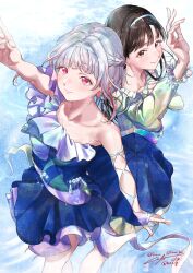 2girls absurdres animification armpit_crease artist_name blue_background braid collarbone commentary_request dress feet_out_of_frame flower_stand_art grey_hair half_up_braid highres kuzia_(atarayo) link!_like!_love_live! long_sleeves love_live! multicolored_hair multiple_girls official_alternate_costume real_life red_eyes red_hair ripples sasaki_kotoko short_dress short_hair signature single-shoulder_dress single_bare_shoulder streaked_hair tsubasa_la_liberte twitter_username virtual_youtuber voice_actor yugiri_tsuzuri