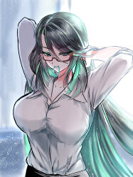 1girl absurdres aqua_eyes aqua_hair arms_up black_hair breasts collarbone collared_shirt contemporary cowboy_shot genshin_impact glasses hair_down hair_elastic hair_ornament highres kure_8 large_breasts multicolored_hair parted_bangs shirt solo standing streaked_hair swept_bangs teeth xianyun_(genshin_impact)