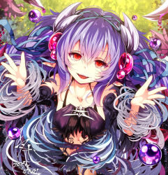 1girl arthropod_girl bare_shoulders braid breasts collarbone crop_top duel_monster highres insect_girl long_hair looking_at_viewer medium_breasts navel open_mouth purple_hair red_eyes sato_(yuki0634) smile solo spider_girl stomach teeth traptrix_atrax twin_braids upper_teeth_only very_long_hair yu-gi-oh!