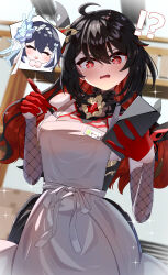 !? 2girls absurdres ahoge apron black_dress blue_hair breasts cabinet closed_eyes commentary_request dress dual_persona eight_(eight3rd1) gloves hair_ornament highres holding holding_pen honkai_(series) honkai_impact_3rd indoors long_hair looking_at_viewer medium_breasts multiple_girls name_tag open_mouth pen red_eyes red_gloves red_hair seele_(alter_ego) seele_vollerei seele_vollerei_(herrscher_of_rebirth) seele_vollerei_(starchasm_nyx) white_apron