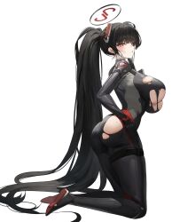 1girl absurdres ass black_bodysuit black_hair blue_archive bodysuit breasts dirty dirty_face halo headgear highres kneeling large_breasts long_hair looking_at_viewer multicolored_halo nogong parted_lips red_eyes rio_(blue_archive) rio_(bodysuit)_(blue_archive) simple_background skin_tight solo sweat torn_bodysuit torn_clothes two-tone_halo very_long_hair white_background