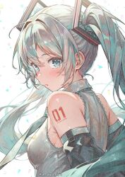 1girl ahoge amayomiyu aqua_eyes aqua_hair aqua_necktie aqua_stripes armpit_peek bare_shoulders black_sleeves blush collared_shirt confetti detached_sleeves floating_hair grey_shirt hair_between_eyes hair_intakes hair_ornament hairclip hatsune_miku highres long_hair looking_at_viewer looking_back necktie number_tattoo shirt shoulder_tattoo sidelocks sleeveless sleeveless_shirt solo striped_clothes striped_shirt striped_sleeves tattoo twintails very_long_hair vocaloid white_background