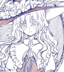 1girl closed_mouth commentary_request dolls_in_pseudo_paradise frilled_shirt_collar frills happy head_tilt jacket_girl_(dipp) juliet_sleeves long_hair long_sleeves looking_at_viewer monochrome neck_ribbon noose puffy_sleeves ribbon rope sketch smile solo touhou uzumibi very_long_hair wavy_hair