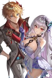 1boy 1girl arm_under_breasts bare_shoulders black_gloves blue_eyes breasts cleavage cowboy_shot crossed_bangs dress genshin_impact gloves grey_hair grey_jacket grey_pants hair_between_eyes hair_ornament highres jacket large_breasts long_hair looking_at_viewer mask mask_on_head megumi_ml orange_hair pants prosthesis prosthetic_arm prosthetic_leg red_eyes red_mask short_hair simple_background skirk_(genshin_impact) tartaglia_(genshin_impact) vision_(genshin_impact) white_background white_dress