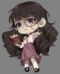 Rule 34 | 1girl, absurdres, black ribbon, black shoes, book, brown hair, chibi, chibi only, chinese commentary, commentary request, face piercing, facial mark, fear &amp; hunger (series), fear &amp; hunger 2: termina, grey background, highres, holding, holding book, long hair, long sleeves, looking at viewer, marina (fear &amp; hunger), mary janes, mouth piercing, neck ribbon, open book, outstretched arm, parted lips, piercing, pink skirt, purple eyes, ribbon, shirt, shirt tucked in, shoes, shrimpamine, simple background, skirt, socks, solo, white shirt, white socks