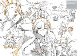 1boy 3girls ahoge angry arms_behind_back black_gloves blush braid cape chibi closed_mouth earrings fate/grand_order fate_(series) fujimaru_ritsuka_(female) fujimaru_ritsuka_(female)_(decisive_battle_chaldea_uniform) fur-trimmed_cape fur_trim gloves grigori_rasputin_(fate) hair_over_one_eye half-closed_eyes hat head_rest horns jewelry korean_text kotomine_kirei limited_palette long_hair mash_kyrielight mini_person minigirl multiple_girls olga_marie_animusphere one_eye_covered open_mouth orange_hair pink_hair ring side_ponytail single_horn size_difference translation_request u-olga_marie white_hat xs0z05wxzb52697 yellow_eyes yellow_horns
