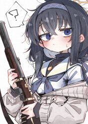1girl ? \||/ absurdres bags_under_eyes black_hair black_undershirt blue_archive blue_eyes blue_hairband blue_neckerchief blue_ribbon blush bolt_action cable_knit cardigan closed_mouth commentary_request crossed_bangs de_lisle_carbine deal360acv expressionless grey_cardigan gun gun_sling hair_between_eyes hair_ribbon hairband halo highres holding holding_gun holding_weapon jewelry jitome long_hair long_sidelocks long_sleeves looking_at_viewer low_ponytail neckerchief necklace off_shoulder pendant ponytail ribbon rifle ringed_eyes sailor_collar sailor_shirt school_uniform shirt sidelocks simple_background solo spoken_question_mark sweatdrop turtleneck two-handed ui_(blue_archive) unkempt upper_body upturned_eyes weapon white_background white_sailor_collar white_shirt winter_uniform yellow_halo