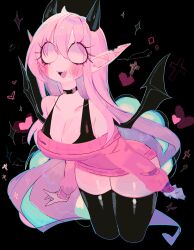 1girl :d arms_at_sides bare_shoulders black_background black_choker black_horns black_tank_top black_thighhighs black_wings blank_eyes blush breasts choker cleavage colored_skin commentary cross demon_girl demon_horns demon_wings double-parted_bangs english_commentary eyes_visible_through_hair fangs friday_night_funkin&#039; from_above hair_between_eyes heart highres horns large_breasts leaning_forward long_hair long_sleeves looking_at_viewer no_pants off-shoulder_sweater off_shoulder open_mouth pink_hair pink_skin pink_sweater pointy_ears puffy_long_sleeves puffy_sleeves sarvente_(friday_night_funkin&#039;) sidelocks simple_background smile solo sparkle sweater tank_top teeth thighhighs tongue upper_teeth_only usa37107692 very_long_hair wings