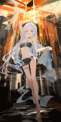 1girl absurdres armlet bandeau bare_legs bare_shoulders barefoot bikini black_bikini blunt_bangs bracer commentary full_body gold_bracer highres ichika_(ichika87) jewelry long_hair looking_at_viewer navel open_mouth orange_eyes original see-through_clothes side-tie_skirt sidelocks sketch_background smile solo strapless swimsuit symbol-only_commentary thigh_strap tube_top white_hair