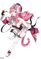Rule 34 | 1girl, :d, absurdres, animal ears, ascot, bare shoulders, black gloves, black hat, black tube top, breasts, cleavage, foot up, gloves, goggles, goggles on head, halterneck, hat, highres, holding, holding pen, hololive, hololive english, jacket, knee up, large breasts, long hair, nib pen (medium), off shoulder, open mouth, panther ears, panther girl, panther tail, partially fingerless gloves, pen, pen (medium), pink hair, pink jacket, pink nails, raora panthera, raora panthera (1st costume), rysp, shoes, shorts, smile, solo, standing, standing on one leg, strap, strapless, tail, teeth, thighhighs, traditional media, tube top, upper teeth only, vest, virtual youtuber, white ascot, white shoes, white shorts, white thighhighs, white vest, yellow eyes