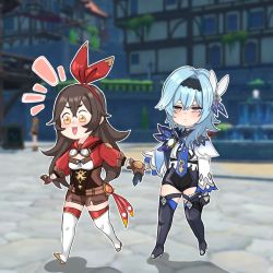 Rule 34 | 2girls, :d, amber (genshin impact), black boots, black leotard, blue hair, boots, breasts, brown eyes, brown hair, brown shorts, cape, chibi, cleavage, commentary, english commentary, eula (genshin impact), full body, genshin impact, goggles, goggles around neck, grey eyes, hair between eyes, hair ornament, hairband, high heels, highres, holding hands, hood, hooded jacket, jacket, julydelic, leotard, long hair, long sleeves, multiple girls, necktie, open mouth, shorts, sidelocks, smile, thigh boots, thighhighs, vision (genshin impact), walking, white footwear